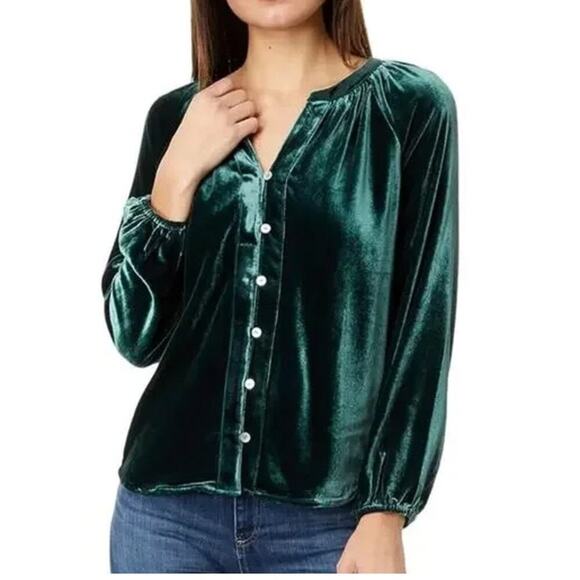 Faherty Naomi Top Velvet Silk Stretch Button Down Blouse Emerald Green Size XS - Picture 1 of 12